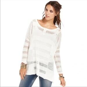 Free People White Striped Wild Horses Boho Lagenlook Henley Blouse Medium